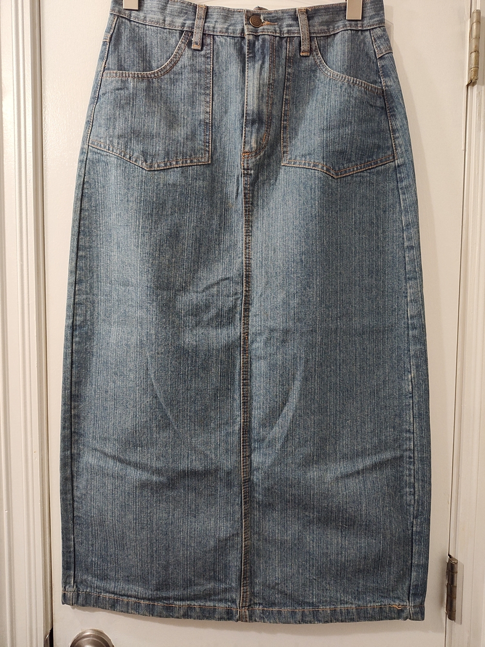Reverse Blue Denim Maxi Skirt w/Front Seam Vtg 90s Modest Cottagecore Minimalist